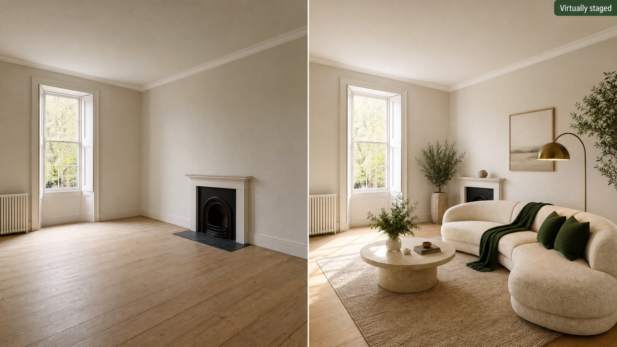 An empty living room on the left transformed into a bright virtually staged living room on the right
